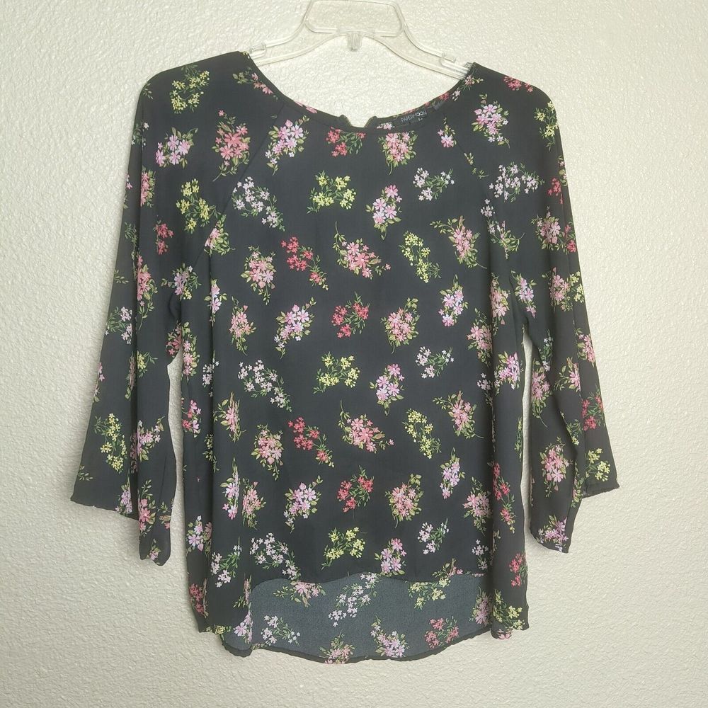 Papermoon Womens Black Floral Print 3/4 Sleeve Back Zipper Blouse Sz L Lightweit